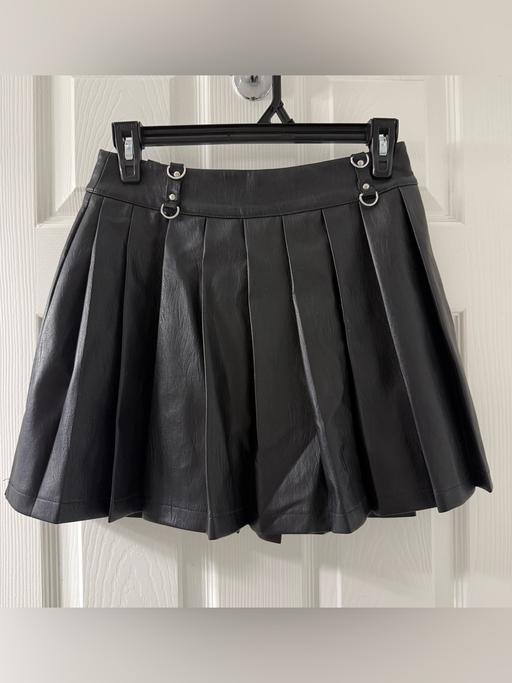 Forever 21 Black Faux Leather Pleated Mini Skirt with Ring Accents